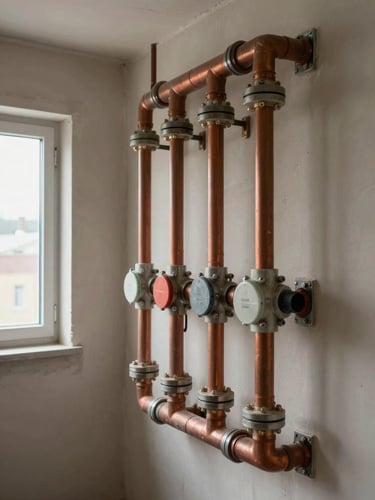 Wide environmental shot of a heating distribution manifold mounted on a utility room wall, copper circuits colour-coded with plastic clips, natural daylight from a small window to the left, unfinished plasterboard surroundings visible, no people
