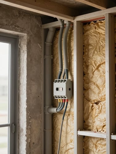 Close-up environmental shot of electrical rough-in inside an open wall cavity, grey conduit runs and junction box with wires grouped by circuit, natural sidelight from a doorway, visible insulation batts in adjacent stud bay, no people's faces