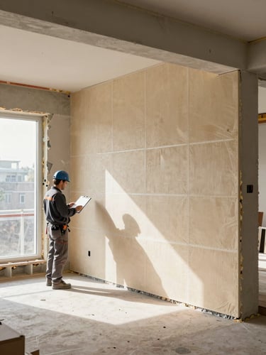 Environmental wide shot of a renovation site interior, natural daylight streaming through an unfinished window opening, a single worker in work clothes reviewing a clipboard near freshly installed wall insulation panels, visible insulation seams and rough-in electrical conduit in the background, clean and documentary in tone
