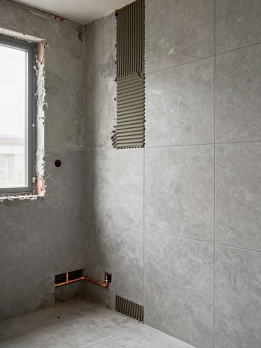 Wide environmental shot of a bathroom mid-renovation — cement board substrate exposed on the left wall, copper pipe rough-in visible at the base, a tiler pressing large-format grey tiles into fresh adhesive in the right third of the frame, natural daylight flooding from an unseen window left, no finished surfaces yet, raw construction depth