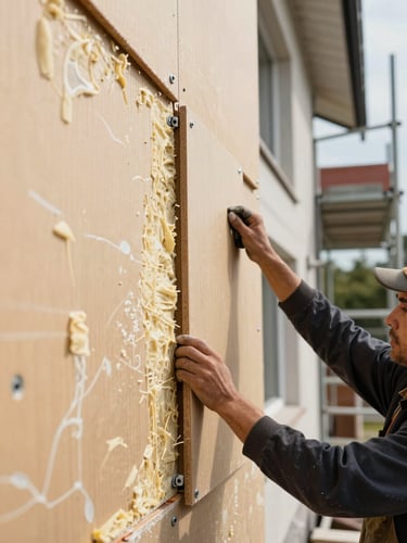 Close-up environmental shot of workers applying exterior insulation boards to a house facade in natural daylight, visible seam joints and mechanical fixings, one worker pressing a board flat against the wall, scaffolding in background suggesting real jobsite scale