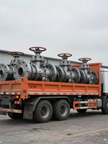 A heavy utility transport truck loaded with massive industrial steel valves parked outside a warehouse, overcast sky, cool desaturated industrial tones.