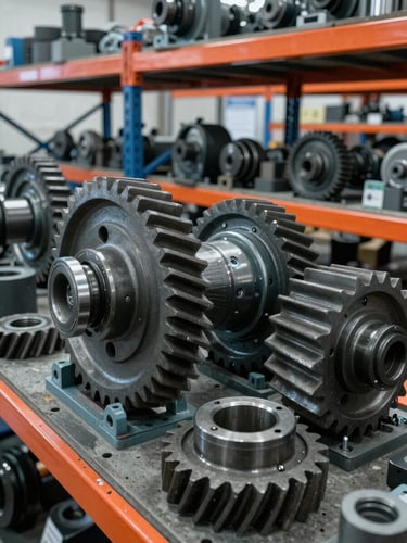 Close-up of industrial heavy machinery gears and replacement parts in a structured warehouse rack, natural overcast light, cool tones, 35mm lens.