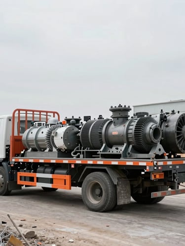 A commercial utility flatbed truck loaded with heavy industrial gearboxes and steel parts, parked on an active construction site, industrial documentary photography, natural overcast daylight, desaturated cool tones with safety orange accents, 35mm lens.