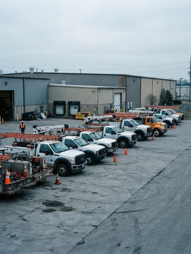 Wide environmental shot of RG Sales Inc. heavy-duty utility trucks parked outside the West Alexander warehouse, industrial documentary photography, natural overcast daylight, desaturated cool tones with safety orange accents, 35mm lens.
