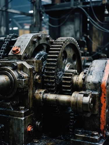Close-up of a heavy-duty industrial gear assembly, grease and metallic texture, overcast daylight, desaturated cool tones with safety orange accents, 35mm lens.
