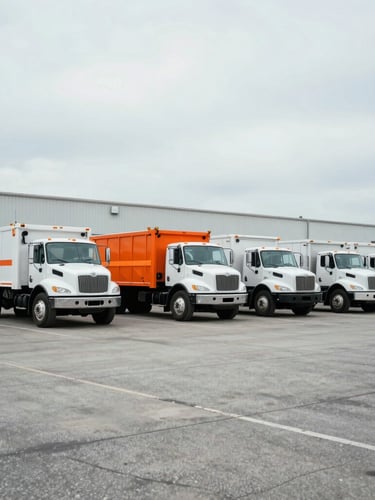 Wide environmental shot of commercial utility trucks parked at the West Alexander PA industrial depot, overcast daylight, cool desaturated tones with safety orange accents, 35mm lens.