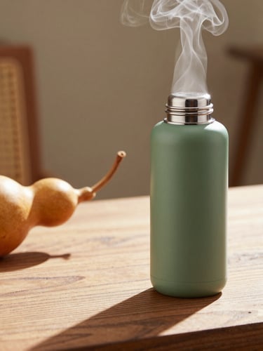 Close-up of steam rising gently from a sleek matte-green thermal flask in warm morning light, soft shadows casting on a textured wooden table, a seasoned calabash gourd resting nearby, shallow depth of field.