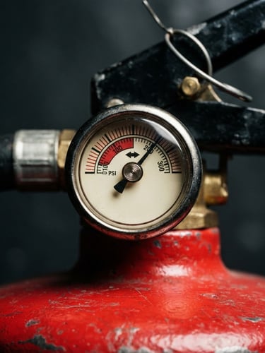 Macro close-up of a technical pressure gauge on a red fire extinguisher, high contrast industrial lighting, deep charcoal and safety red tones, sharp focus, 35mm