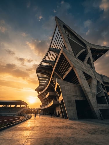 Dramatic low-angle architectural shot of a modern sports complex in India under golden hour sunlight, clean concrete lines, expansive sky