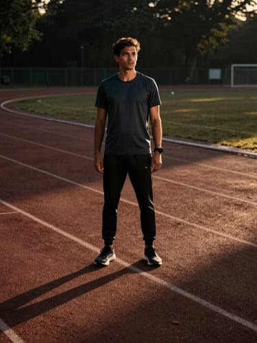 A professional athletic director in deep focus, standing on a modern outdoor running track in India, dramatic high-contrast golden hour shadows, 35mm lens
