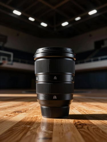 Intimate close-up of a modern indoor basketball arena with polished wood floor reflecting dramatic overhead lights, high-contrast deep tones, sharp focus, 35mm architectural lens