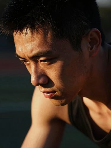 Close-up of an athlete in deep concentration, dramatic side lighting, high-contrast shadows, premium sports editorial style