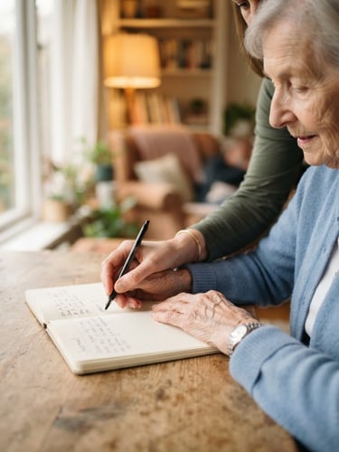 Warm editorial photography of supportive hands guiding a patient's hand to write with a pen, soft natural daylight, shallow depth of field