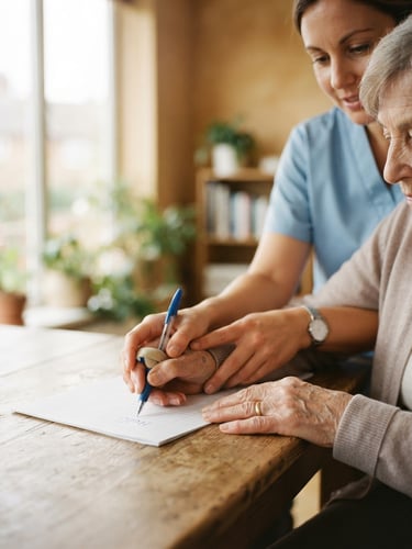 Hands of an occupational therapist gently guiding an elderly patient's hand to write with a pen, warm natural window light, soft focus, supportive and empathetic atmosphere