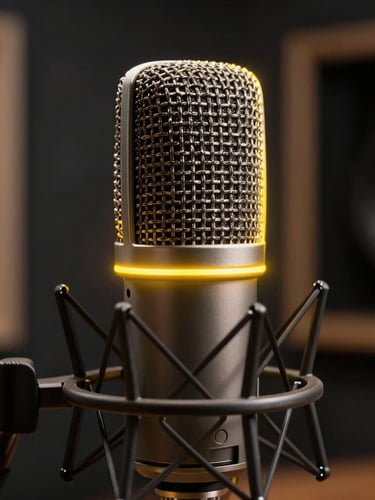 Close-up of a professional broadcast microphone, glowing yellow rim light, dark recording booth background, cinematic depth of field.