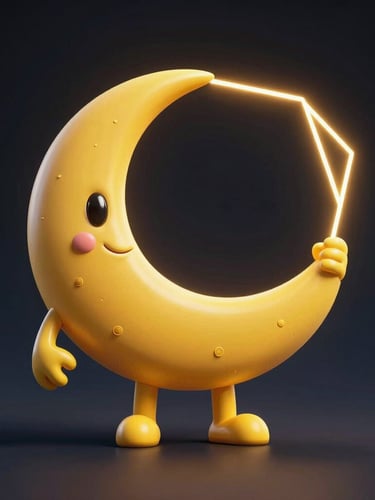 High-contrast vector mockup of the female cartoon moon mascot holding a glowing neon yellow geometric frame, dark background with deep blue gradients.