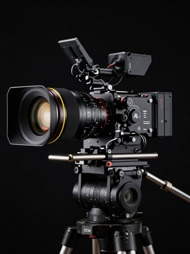 Wide panoramic shot of a high-end cinema camera rig in a dark studio, dramatic key light illuminating the lens, subtle neon yellow rim light, deep cosmic black background.
