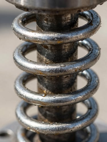 Macro close-up of a heavy-duty steel torsion spring under high tension, industrial grease, sharp focus on metal coils, bright natural daylight.