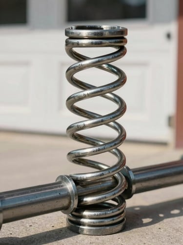 A close-up of a high-cycle steel torsion spring mounted on a garage door shaft, showing clean safety-tension calibration markings in bright daylight.