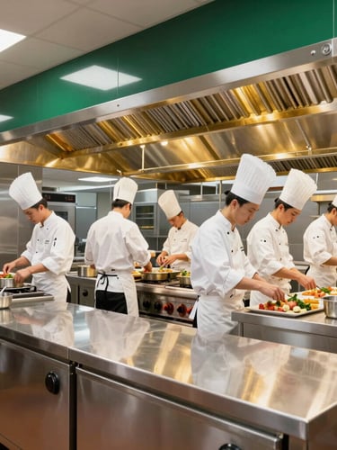 Wide-angle architectural photograph of an immaculate, gleaming industrial kitchen, polished stainless steel equipment, professional chefs in pristine white uniforms working in perfect order, bright clean commercial lighting with golden highlights.