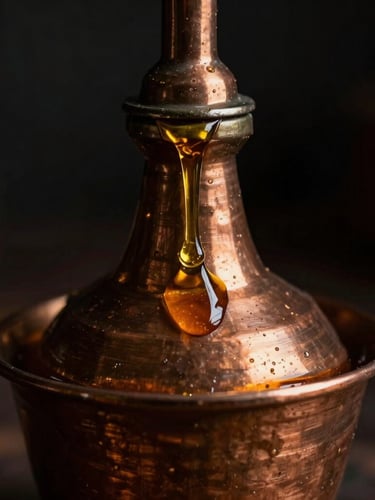 Slow-dripping amber oud oil from a traditional copper still, low-key dramatic lighting, macro lens, rich textures of liquid viscosity