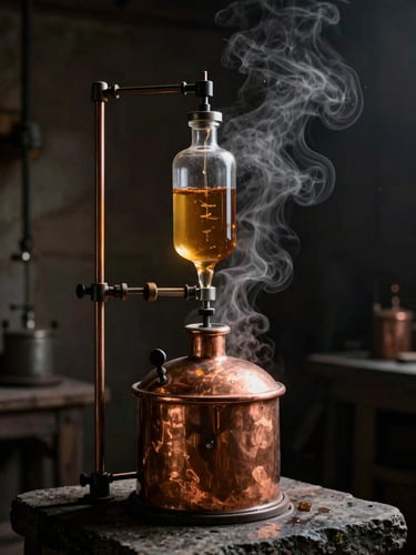 A copper distillation still in a dark stone workshop, slow amber liquid dripping from a pipe, warm steam rising, dramatic side-lighting