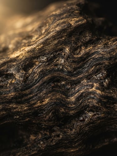 Macro close-up of dark, resin-soaked agarwood heartwood texture, soft golden light highlighting the organic grain, low-key dramatic lighting