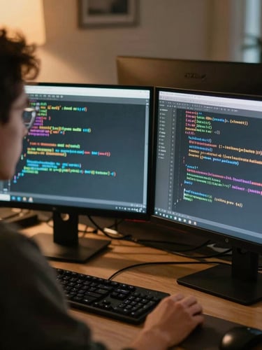 Over-the-shoulder perspective of a technician analyzing code on dual monitors in a warm cozy office with soft monitor glow, shallow depth of field, 35mm photography