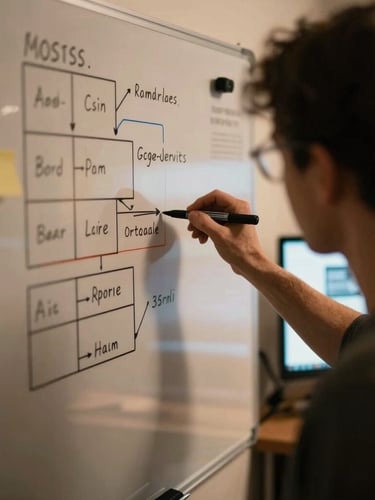 Cozy indoor lighting, a technician planning local website architecture on a physical whiteboard, warm marker colors, over-the-shoulder perspective, shallow depth of field, 35mm