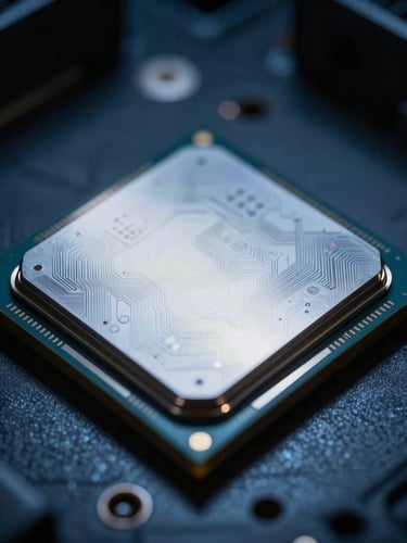 Macro close-up of a high-end server GPU chip, metallic traces glowing with cool-white light, dark technical background, sharp details.