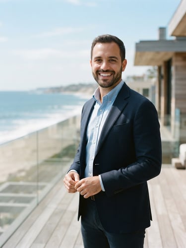 Approachable and professional portrait of Marcel Assis, real estate manager, smiling, clean background, bright natural coastal daylight, 35mm