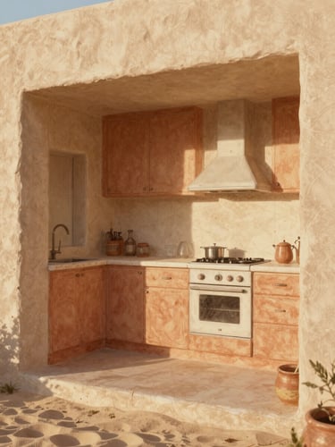 A hand-drawn architectural sketch of a sun-drenched kitchen, soft sand and terracotta tones, warm morning light, tactile paper texture, 35mm lens.