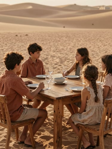 A warm editorial photograph of a family sitting around a wooden dining table, natural golden-hour daylight, soft sand and terracotta tones, tactile textures, 35mm lens.