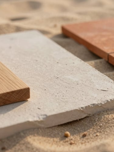 A detailed close-up of tactile architectural materials, wood grain, raw plaster, and terracotta tiles on a soft sand background, warm morning daylight, 35mm lens.