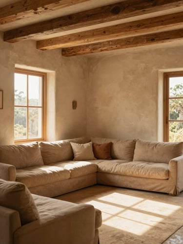 Medium-wide environmental shot of a sun-drenched living room with oak beams, warm golden-hour light streaming through a large window, soft sand plaster walls, lived-in feel, warm editorial photography, 35mm lens.
