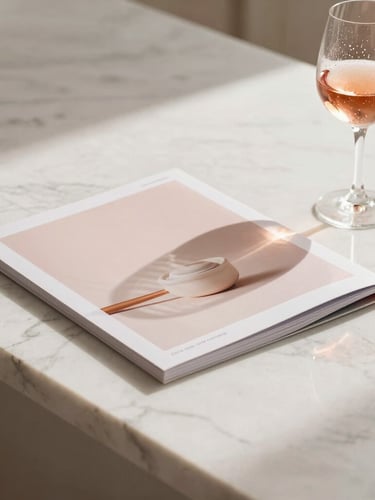 A luxury printed catalogue resting on a minimalist champagne marble counter, soft morning light casting long shadows, a condensation-beaded glass of blush pink liquid nearby.