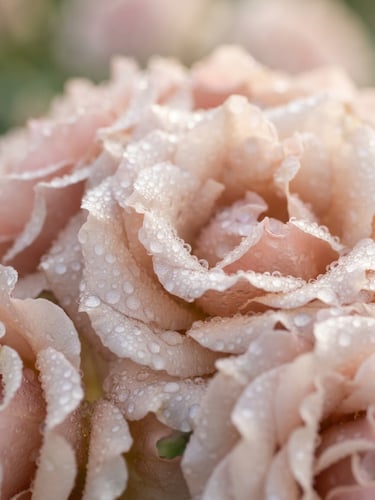 Delicate rose petals covered in morning dew, soft morning daylight, shallow depth of field, 85mm lens, blush and champagne tones