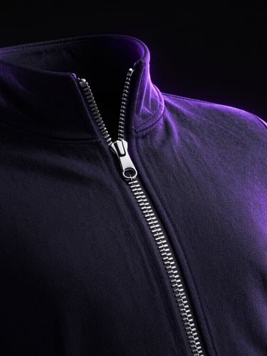 Cinematic close-up 3D render of a luxury streetwear jacket, showing ultra-detailed fabric weave and silver chrome zipper, dramatic rim lighting, dark matte black background, subtle purple glow