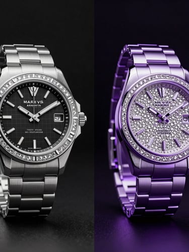 Cinematic 3D render split screen, left side showing a raw wireframe mesh of a luxury watch, right side showing the fully rendered chrome and diamond PBR texture, dark matte black background, dramatic rim lighting, subtle purple glow