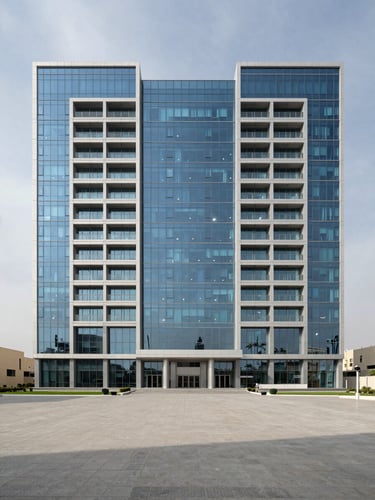 Wide frontal shot of a completed multi-storey commercial building in Riyadh, overcast midday light, clean glass facade with structural grid visible, empty foreground plaza showing scale, architectural precision framing