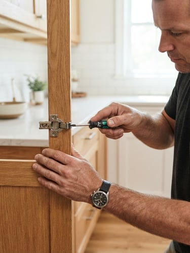 Professional handyman adjusting a kitchen cabinet hinge, bright natural daylight, clean residential interior, hands-at-work, sharp depth of field