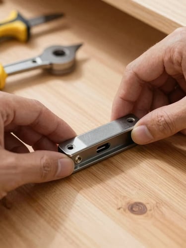 Close-up of clean tools on a wooden work surface, hands adjusting cabinet hardware, bright natural daylight, sharp depth of field