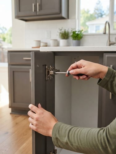 Clean, well-maintained Folsom rental property interior, hands adjusting a cabinet hinge, bright natural daylight, sharp depth of field