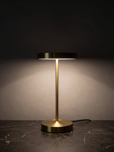Straight-on architectural crop of a slim matte brass counter lamp on a honed dark marble surface, casting a precise downward light throw, moody low-key ambient light, deep shadows, 35mm lens
