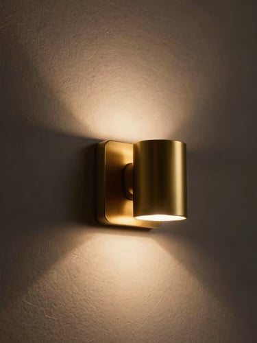 Tight architectural crop of a matte brass vanity sconce flush-mounted on a textured plaster wall, casting a dramatic downlight, warm ambient tones, 35mm lens