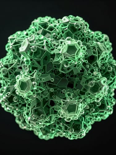 Macro close-up of a 3D molecular structure render, sharp crystalline edges, bioluminescent green self-illumination against deep obsidian background.