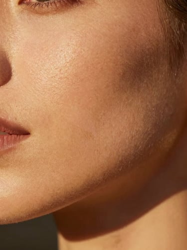 Extreme close-up macro photograph of flawless real bridal skin texture, warm golden hour directional light catching the cheekbone, intricate champagne-gold jewelry details, high-contrast luxury editorial style.