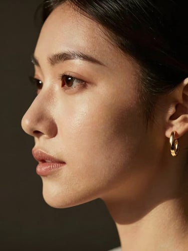 Macro side-profile of a bride showing flawless un-airbrushed skin finish, dramatic warm spotlight catching the cheekbone and gold temple jewelry, dark background