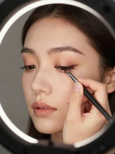 Close-up of a makeup artist's hands using a fine brush on a model's eyelid, professional ring light reflecting softly, showcasing color theory precision.